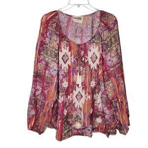 Savanna Jane Artsy Embroidered Top Long Sleeves Tassel Ties Women's 1X